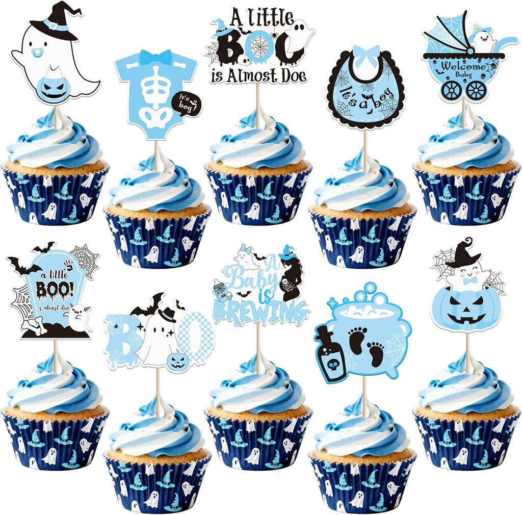40 PCS Baby Shower Halloween Cupcake Toppers Ghost Bat A Baby is Brewing Cupcake Picks A Little Boo is Almost Doe It's a Boy Cake Decorations for Halloween Theme Boys Birthday Party Supplies Blue