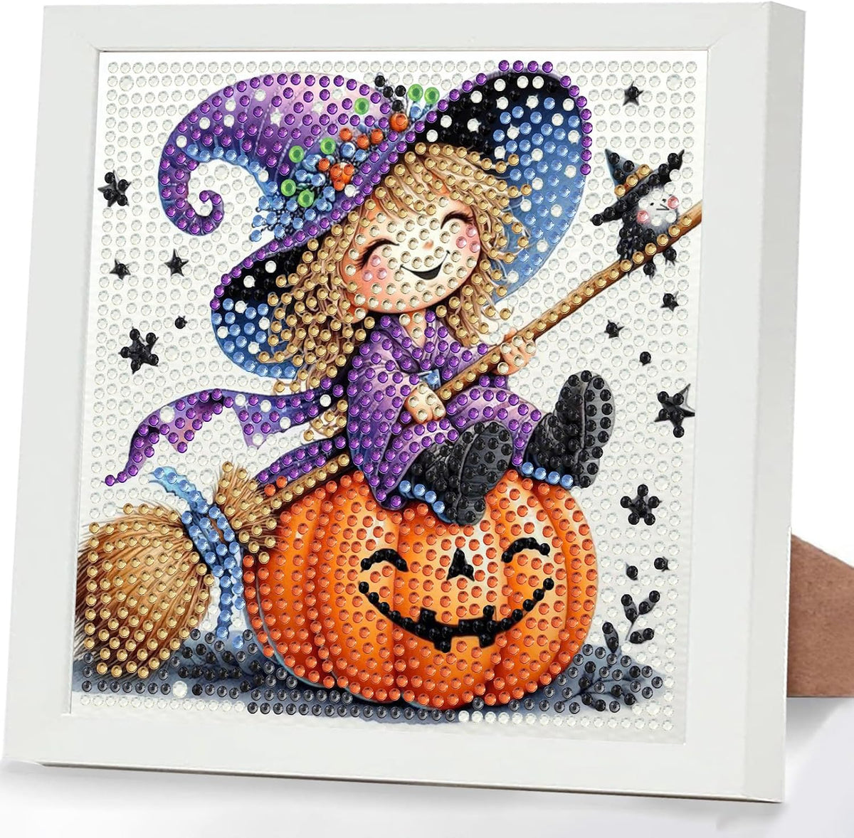 Halloween Diamond Art Painting Kits for Kids with Frame, Witch Diamond Painting Kits for Kids Ages 4-8-12, Easy Gem Arts and Crafts Gift for Girls Boys Adult Beginners Home Wall Decor(7x7inch)