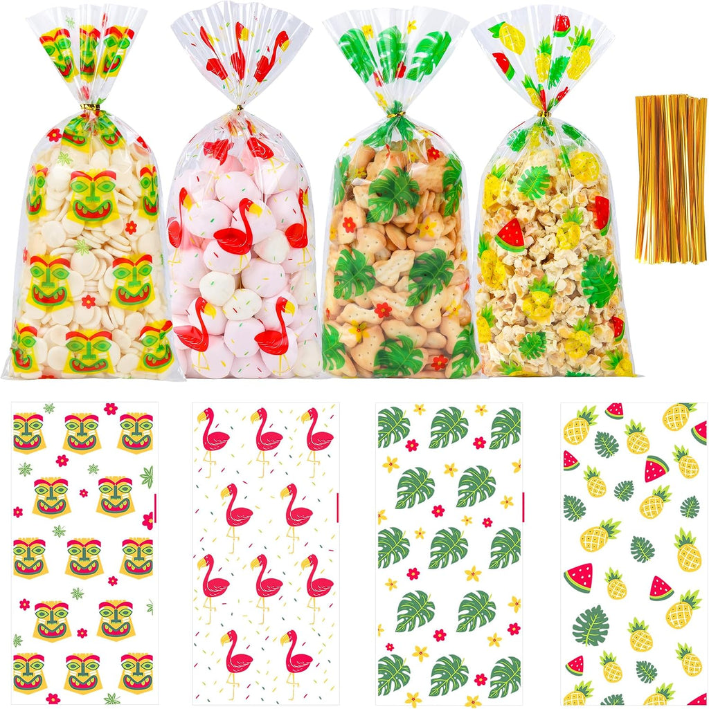 50Pcs Hawaiian Tropical Cellophane Treat Bags - 5x11 Inch Pineapple Flamingo Goodie Bags with 60 Twist Ties, Clear Plastic Candy Bag for Luau Beach Summer Party Favors, Tiki Bar & Jungle Theme Supply