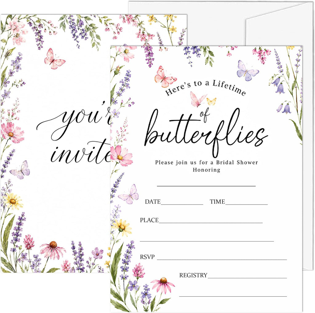 Bridal Shower Invitations, 25 Wildflower Wedding Shower Invites with Envelopes, 5x7 Butterfly Bride to Be Engagement Party Supplies - A06