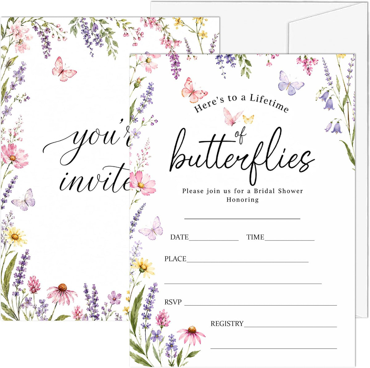 Bridal Shower Invitations, 25 Wildflower Wedding Shower Invites with Envelopes, 5x7 Butterfly Bride to Be Engagement Party Supplies - A06
