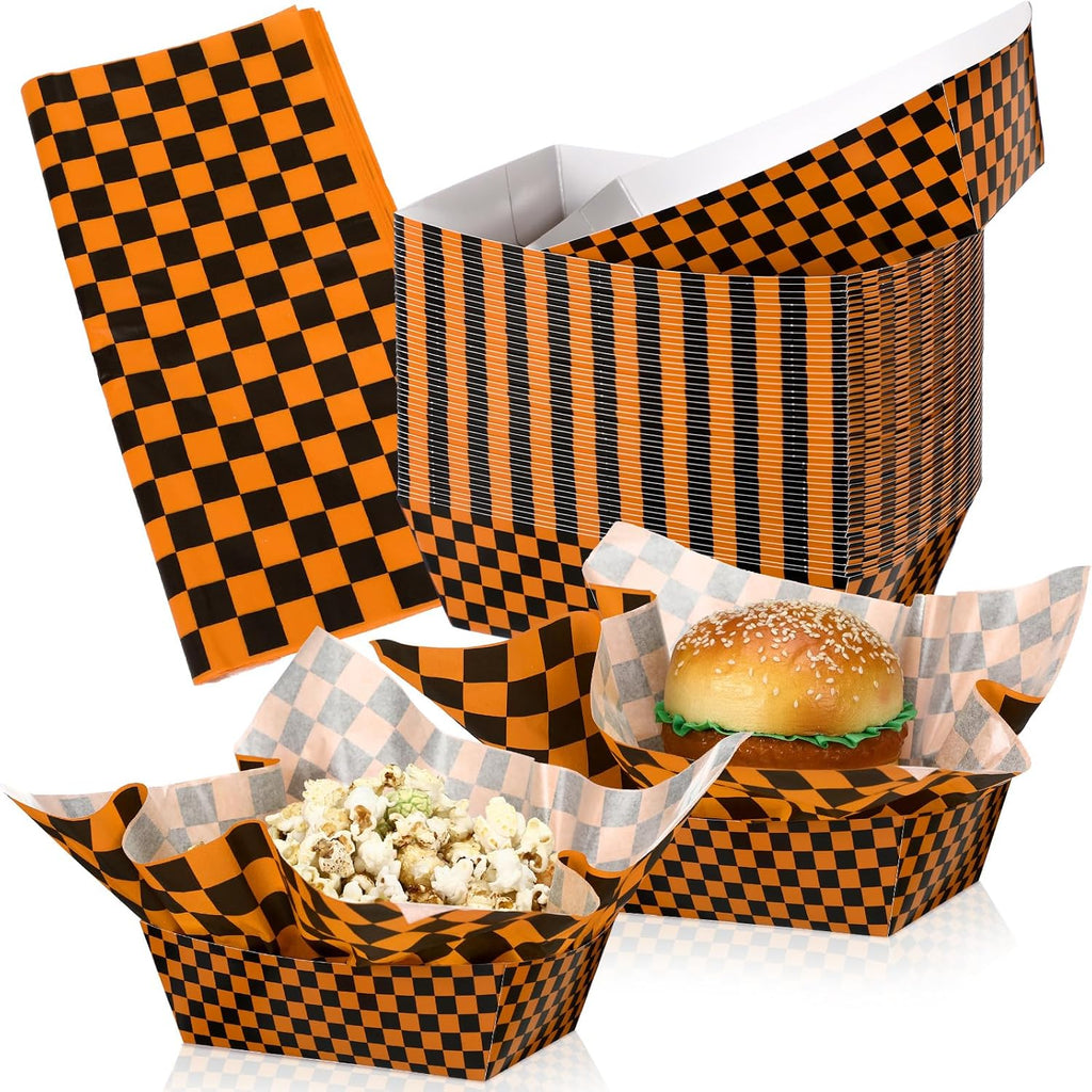 Geosar 100 Pcs Gingham Paper Food Tray with Wax Paper,Orange Black