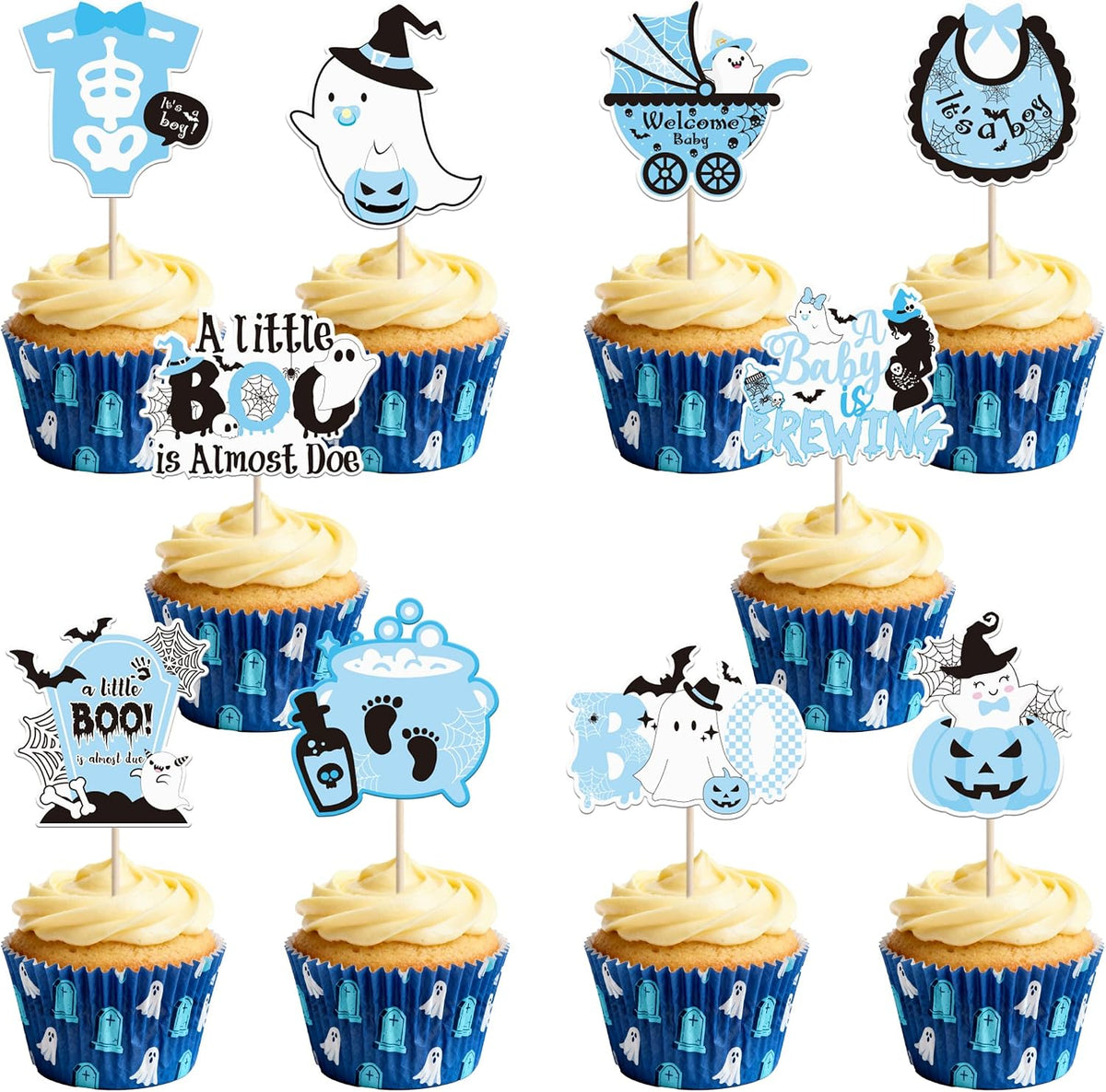 Rsstarxi 40 Pack Halloween Baby Shower Cupcake Topper Spooky Witch Cupcake Picks A Baby Is Brewing Cake Decorations for Happy Halloween Boo Gneder Reveal Boys Birthday Party Supplies Blue