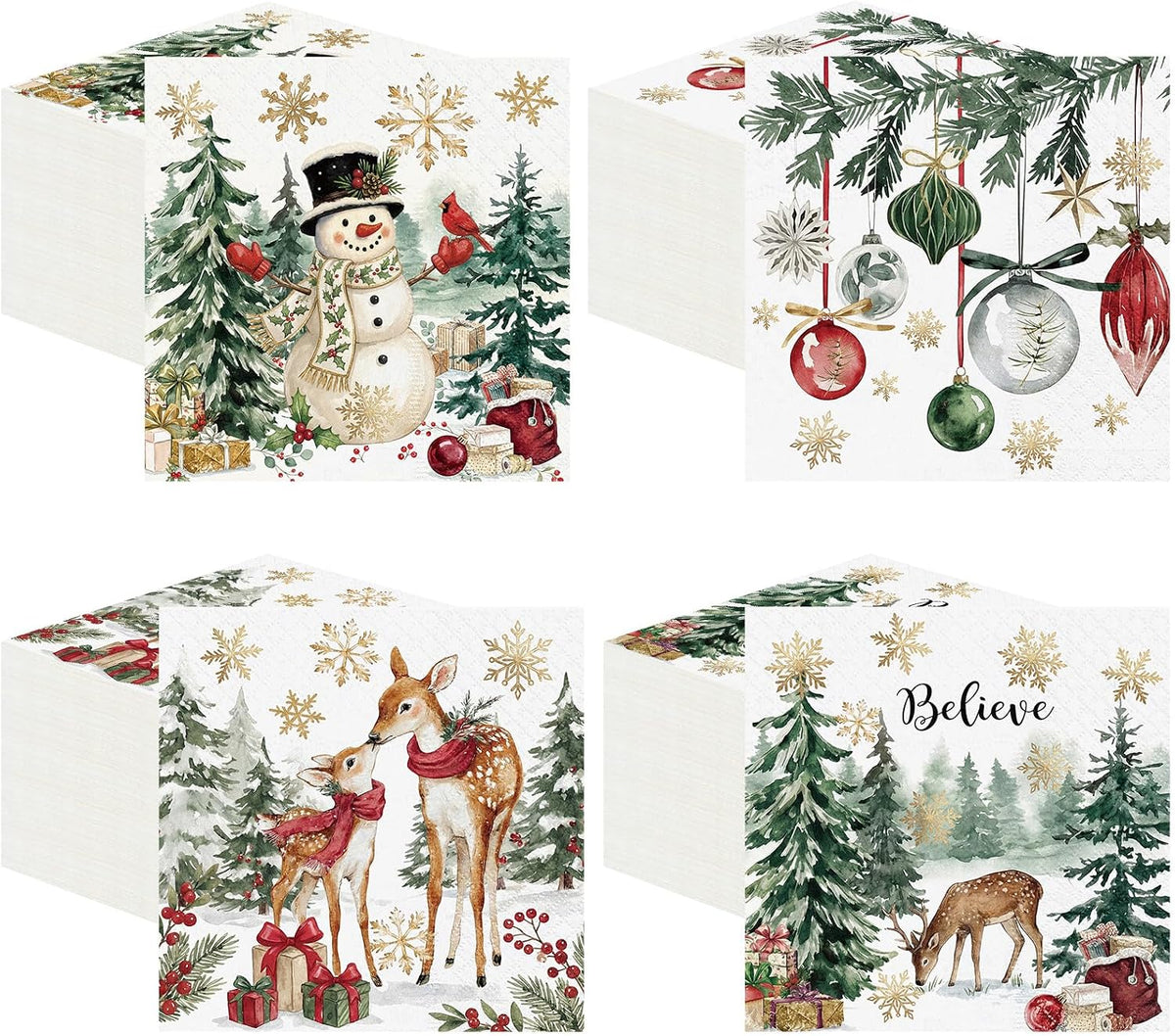 Fulmoon 100 Pcs Christmas Cocktail Paper Napkins Disposable Vivid 4 Style