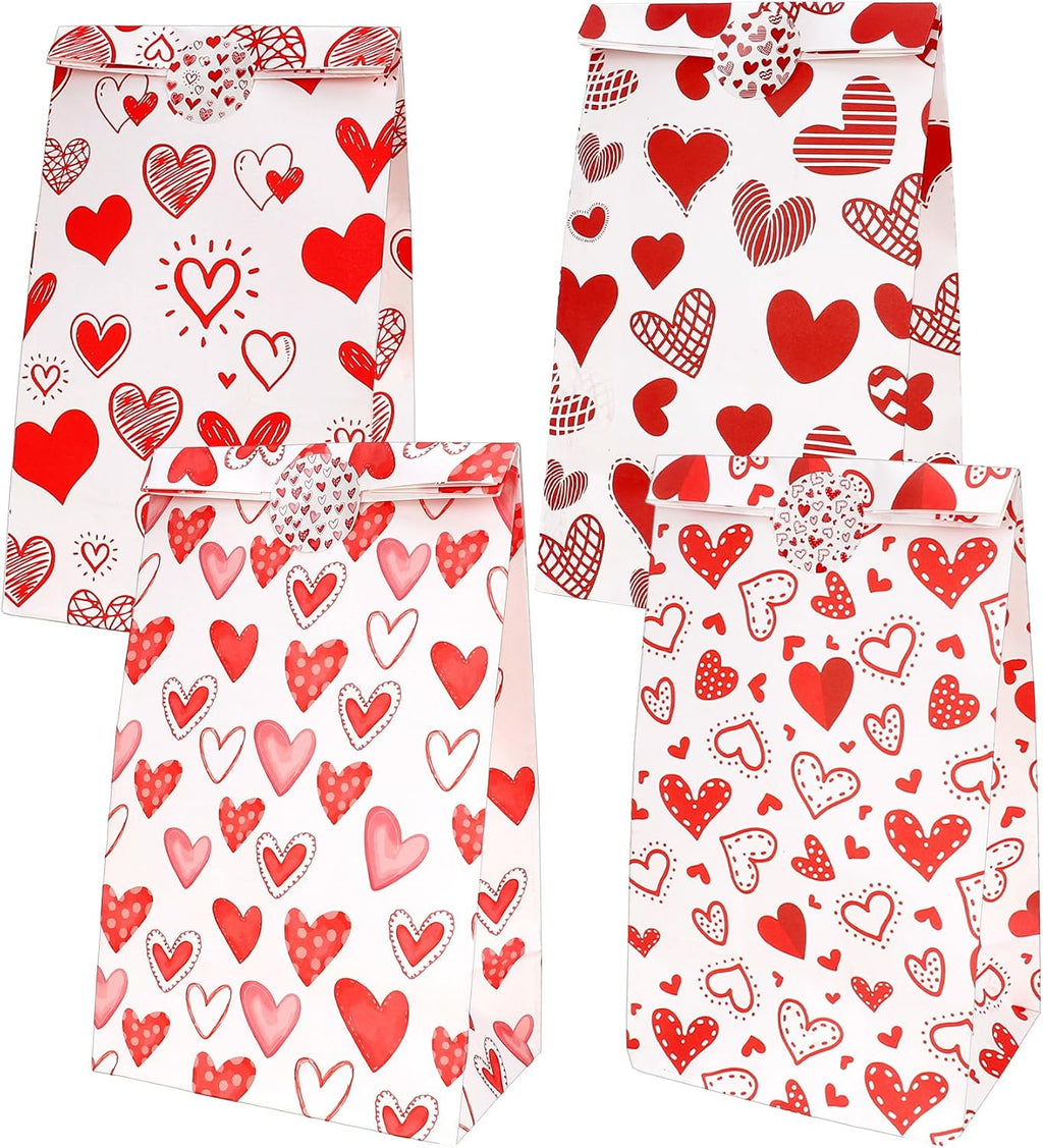 Valentines Bags for Kids Class 24 PCS Valentine Paper Bags with Stickers for Gifts Treat Goodie Candy Snack Goody Cookie Wrap Galentines Valentines Day Party Favors Supplies Decorations Baggies Pouch