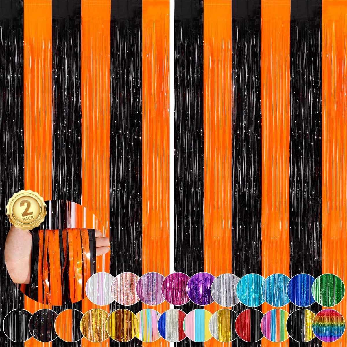 Black Orange Halloween Backdrop, 2 Pack Tinsel Foil Fringe Curtains