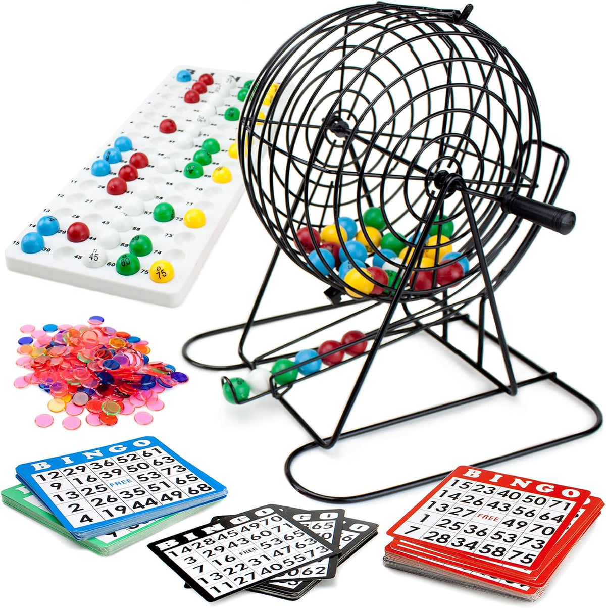 Royal Bingo Supplies Jumbo 12" Tall Bingo Game Set for Adults, Seniors, Family & - 100 Cards 500 Chips 75 Balls, XL Roller Cage & Board