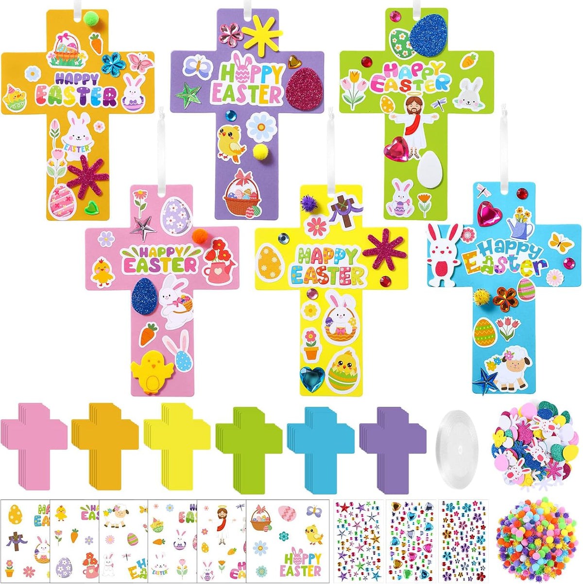Funrous 48 Sets Crafts Kit Paper Crafts DIY Make Your Own Hanging Ornaments with Pompoms Diamond Stickers for Holiday Classroom Activities Party Favors, Easter Cross