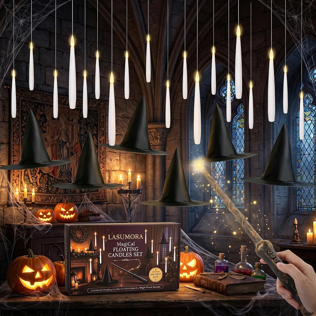 20PCS Halloween Flameless Floating Candles with Wand Remote & Witch Hat