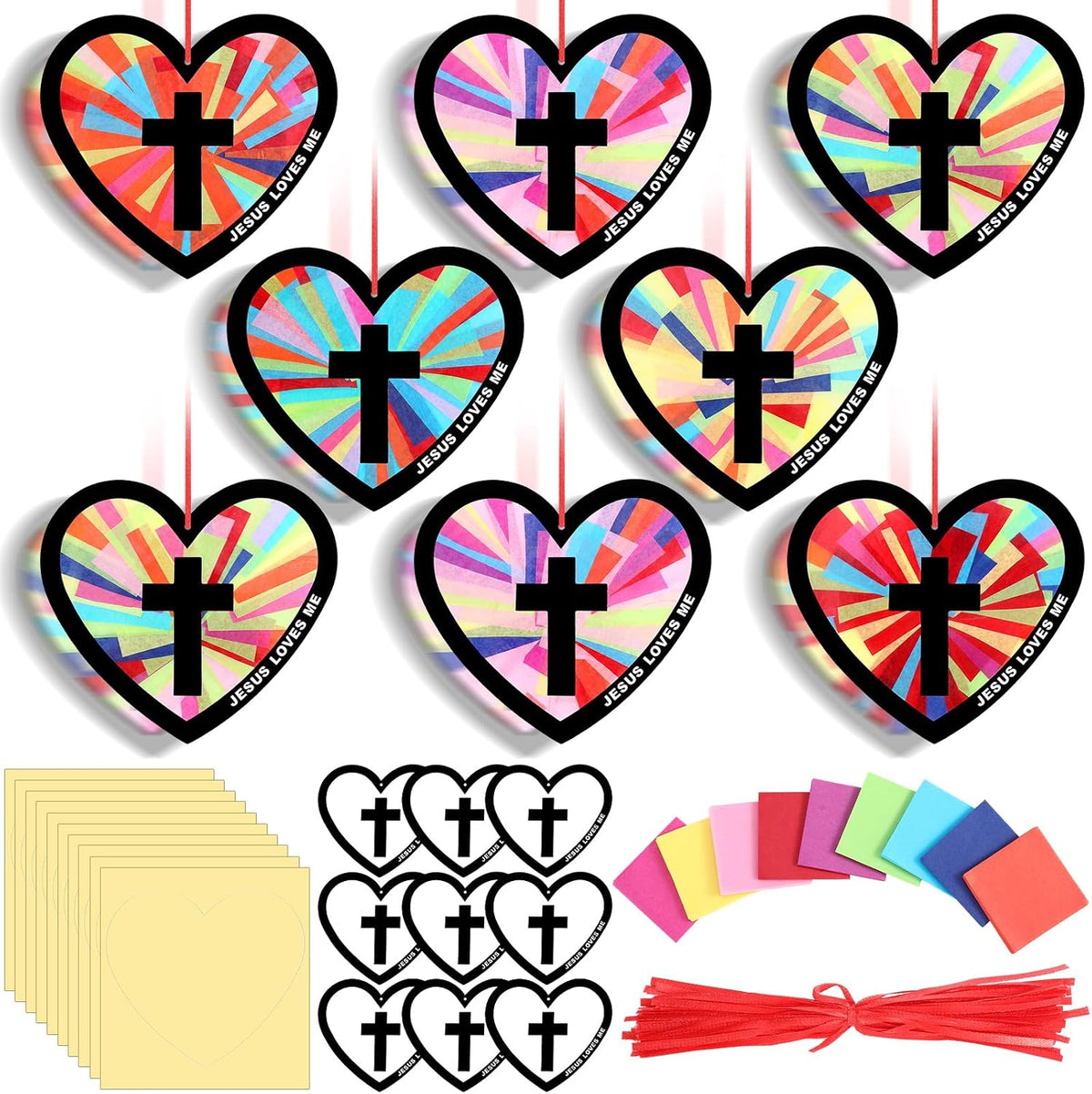 Qinyoung 12 Sets Religious Cross Crafts Jesus Lights The Way Mason Jars Tissue Paper Crafts with LED Candle Light Make Your Own VBS Mason Jars Decoration for Camping Sunday School Projects Activity