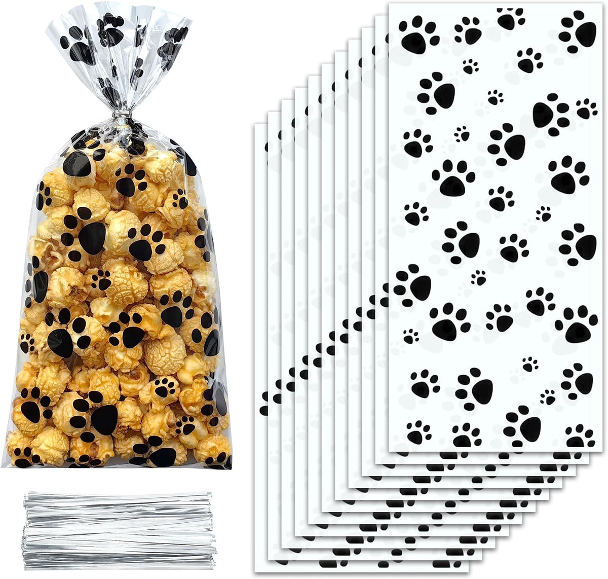 ZYLOP 100 Pcs Dog Treat Bags - 5 x 11 Inch Clear Cellophane Puppy Party Favor Bags with 110 Silver Twist Ties, Plastic Dog Paw Print Goodie Bags for Pet Birthday, Cat Treats, Candy & Cookies, Black