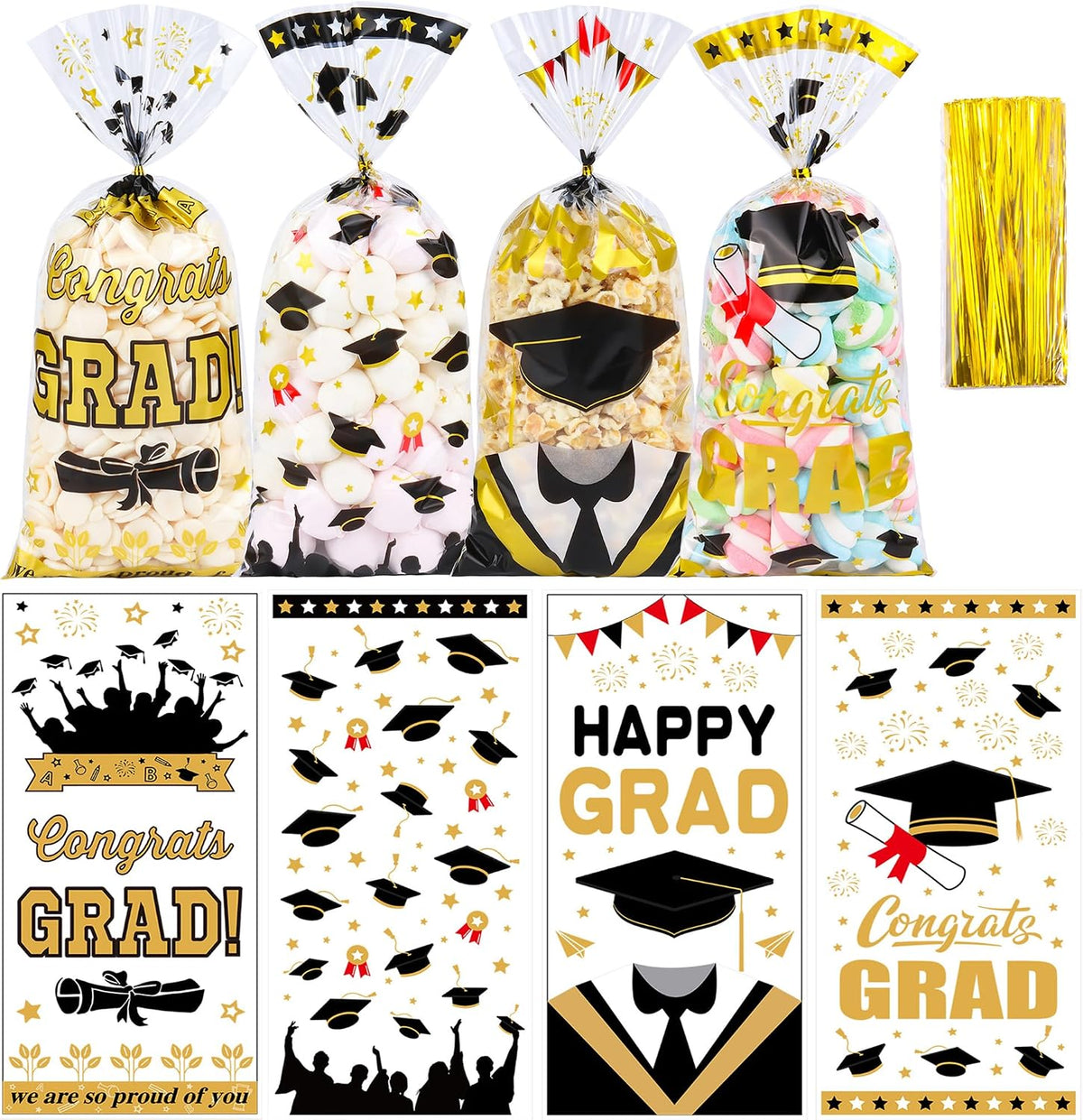 ZYLOP 50 Pcs Graduation Cellophane Treat Bags - 5" x 11" Congrats Grad Plastic Goodie Bags with 60 Gold Twist Ties for Cookies, Snacks, Party Favors & Gift Packaging, Thick Plastic Candy Bag for Kids