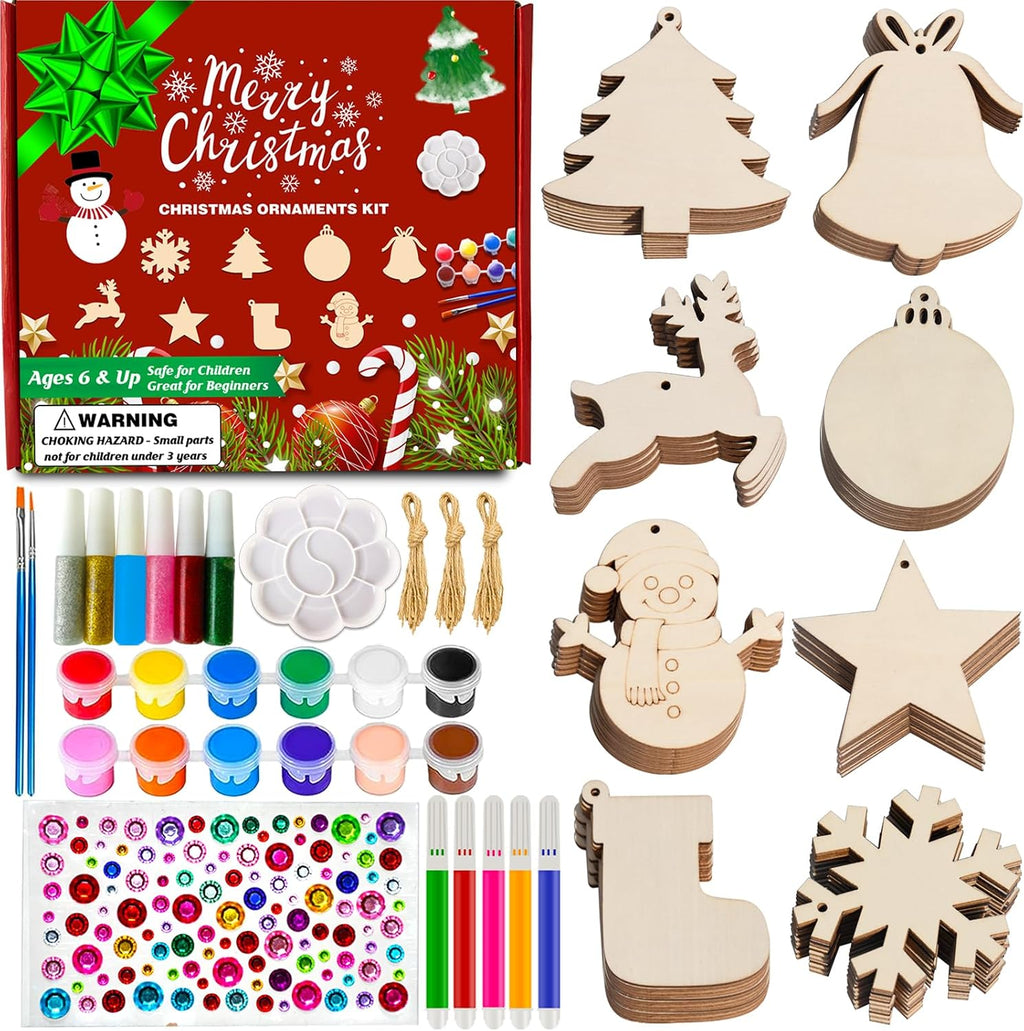Christmas Ornaments Craft Kit, 48 Pcs Blank Wood Slices for Painting with Paint Pens and Brushes, DIY Wooden Christmas Ornament Set for Tree Decorations, Family Holiday Activities and Gifts