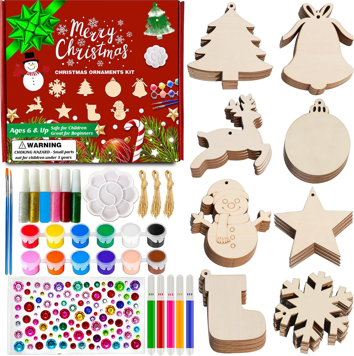 Christmas Ornaments Craft Kit, 48 Pcs Blank Wood Slices for Painting with Paint Pens and Brushes, DIY Wooden Christmas Ornament Set for Tree Decorations, Family Holiday Activities and Gifts