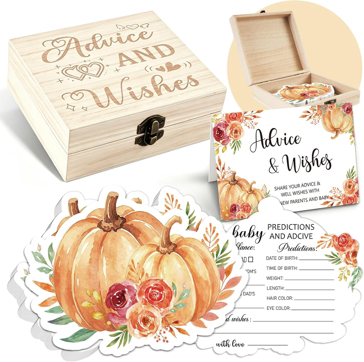 50 Pcs Fall Baby Prediction Advice Cards with Wooden Keepsake Box