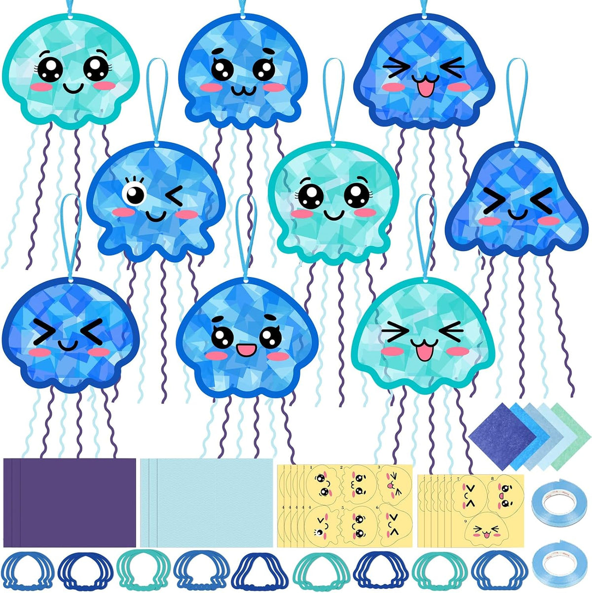 48PCS Summer Crafts: Paper Jellyfish Suncatchers DIY Kits, Window Stained Glass Effect Art Supplies