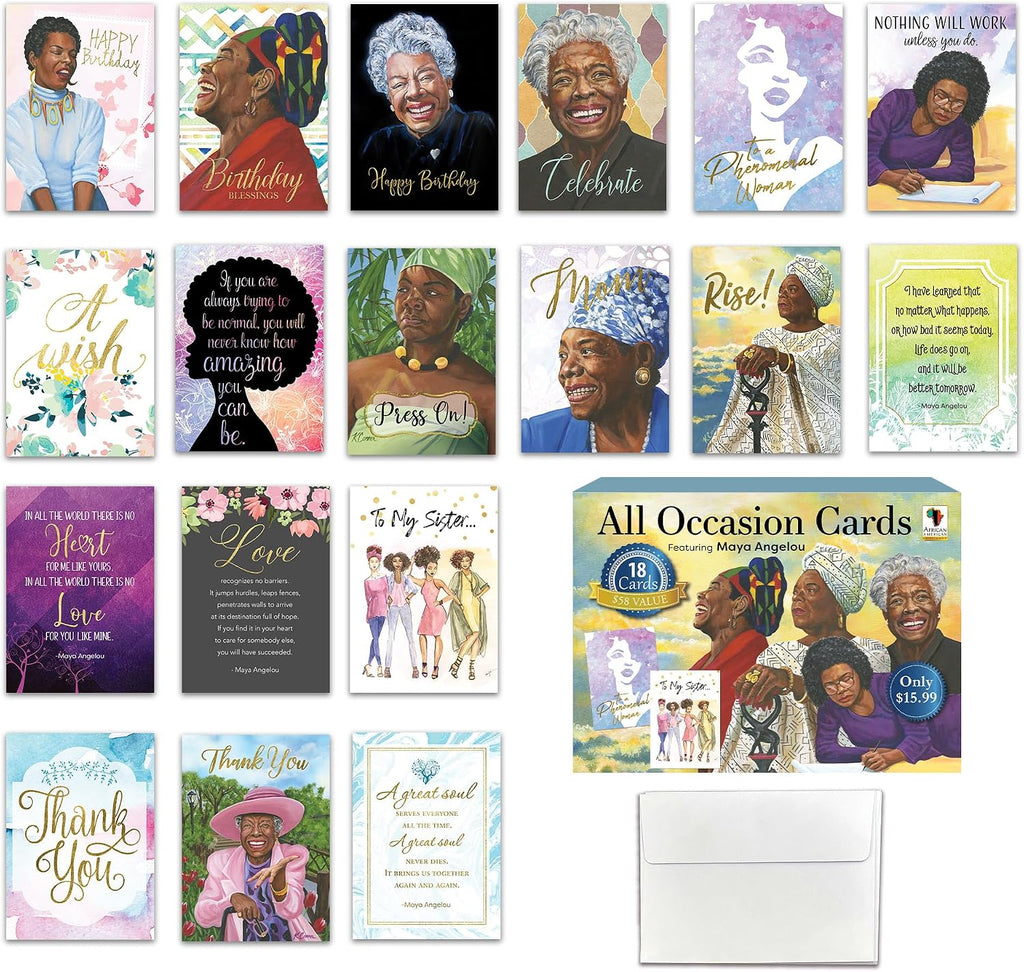 African American Expressions Maya Angelou Greeting Cards Assortment Box – 18 Inspirational Greeting Cards with Envelopes - Use for Birthday, Encouragement, Graduation, Sympathy, Mother's Day & More