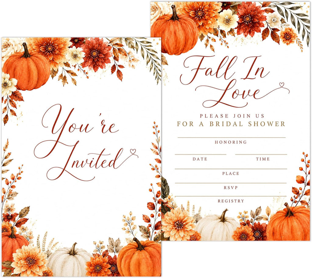 Fall in Love Bridal Shower Invitations, Fill In Style Invites With Envelopes for Fall Wedding Reception, Floral Pumpkin Bridal Shower Invitations, Bride To Be Double-Sided Invite Cards, 4 x 6 Inch Set of 25-A03