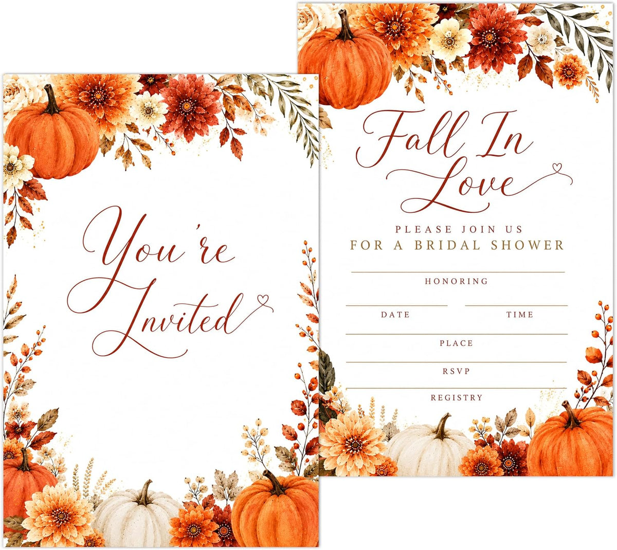 Fall in Love Bridal Shower Invitations, Fill In Style Invites With Envelopes for Fall Wedding Reception, Floral Pumpkin Bridal Shower Invitations, Bride To Be Double-Sided Invite Cards, 4 x 6 Inch Set of 25-A03