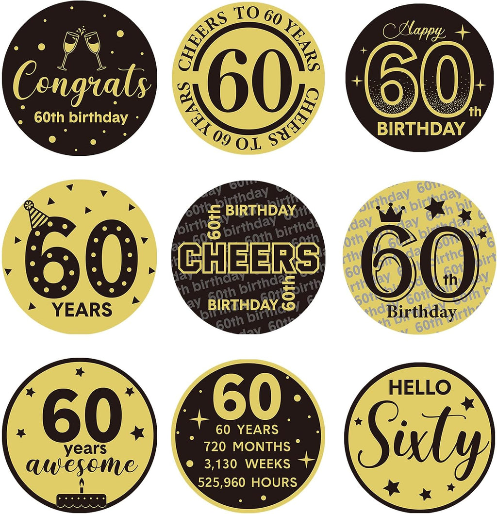 Tenare 504 Pcs 60th Birthday Stickers Black and Gold Party Favor Label Stickers Mini Chocolate Candy Wrappers for Anniversary Birthday Party Decoration
