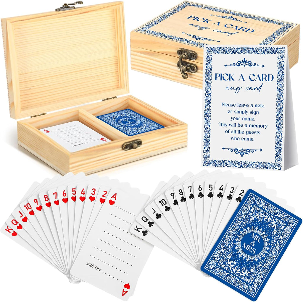 AceOrbit 57 Pack Blue Wedding Guest Book Playing Cards Set with Wooden Box