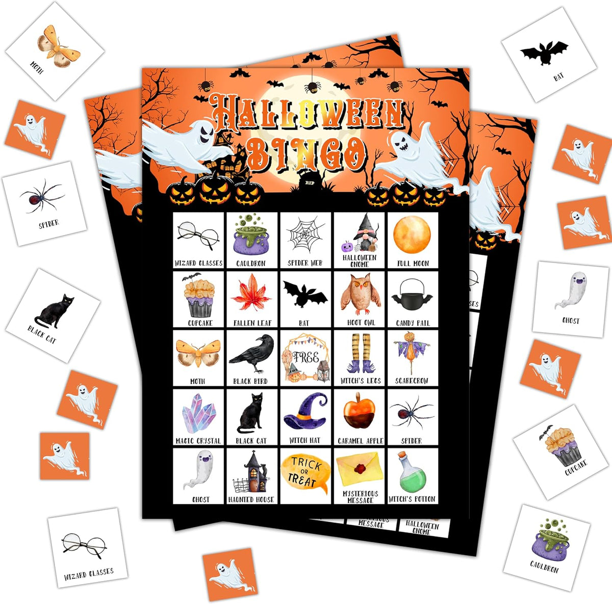 Halloween Bingo Games, Halloween Party Bingo Cards for Adults, Pumpkin Ghost Game for Family Large Group Party, 24 Players Activities, 17