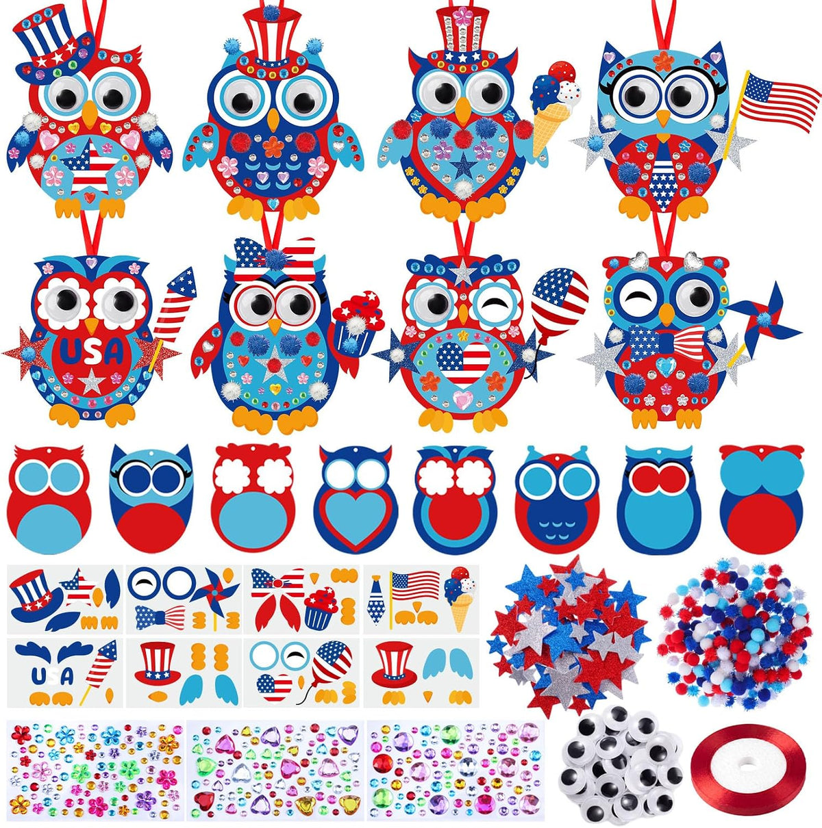 Funrous 48 Sets Crafts Kit Paper Crafts DIY Make Your Own Hanging Ornaments with Pompoms Diamond Stickers for Holiday Classroom Activities Party Favors, Patriotic Owl