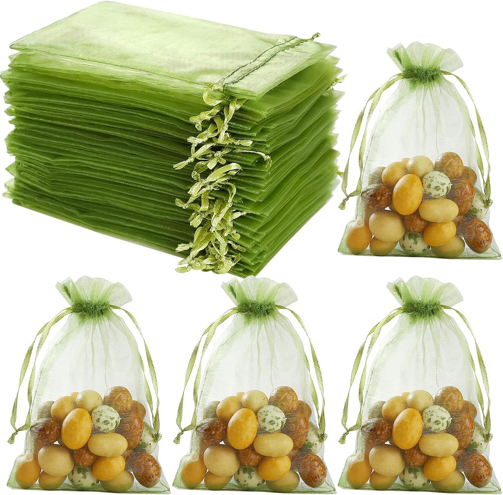 Hopttreely 100Pcs Organza Bags - 4 x 4.72 inch Candy Mesh Gift Bags, Olive Green Satin Drawstring Organza Pouches for Jewelry, Watch, Small Christmas Sachet