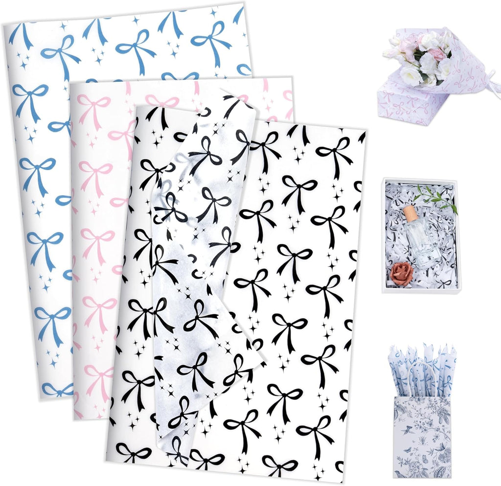 Larcenciel Bow Gift Wrapping Tissue Paper, Coquette Bow Pattern in Blue Pink Black, Pretty Tissue Paper for Gift Bags Craft Art Packaging Supplies for Birthday Wedding Holiday Decor, 60 Sheets 20x14in