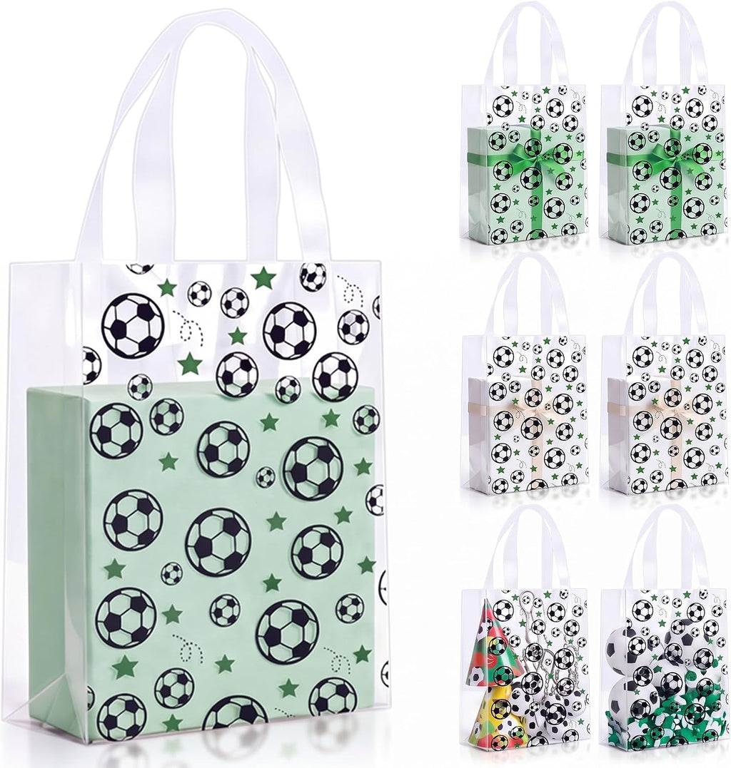 Pajean 12 Pcs Soccer Theme Plastic Gift Bags with Handles, 5.9 x 8.7 x 3.1 Inch Football PE Treat Bags, Black and White Candy Goodie Pouches for Classroom Exchange, Party Favor, Sports Event Supplies