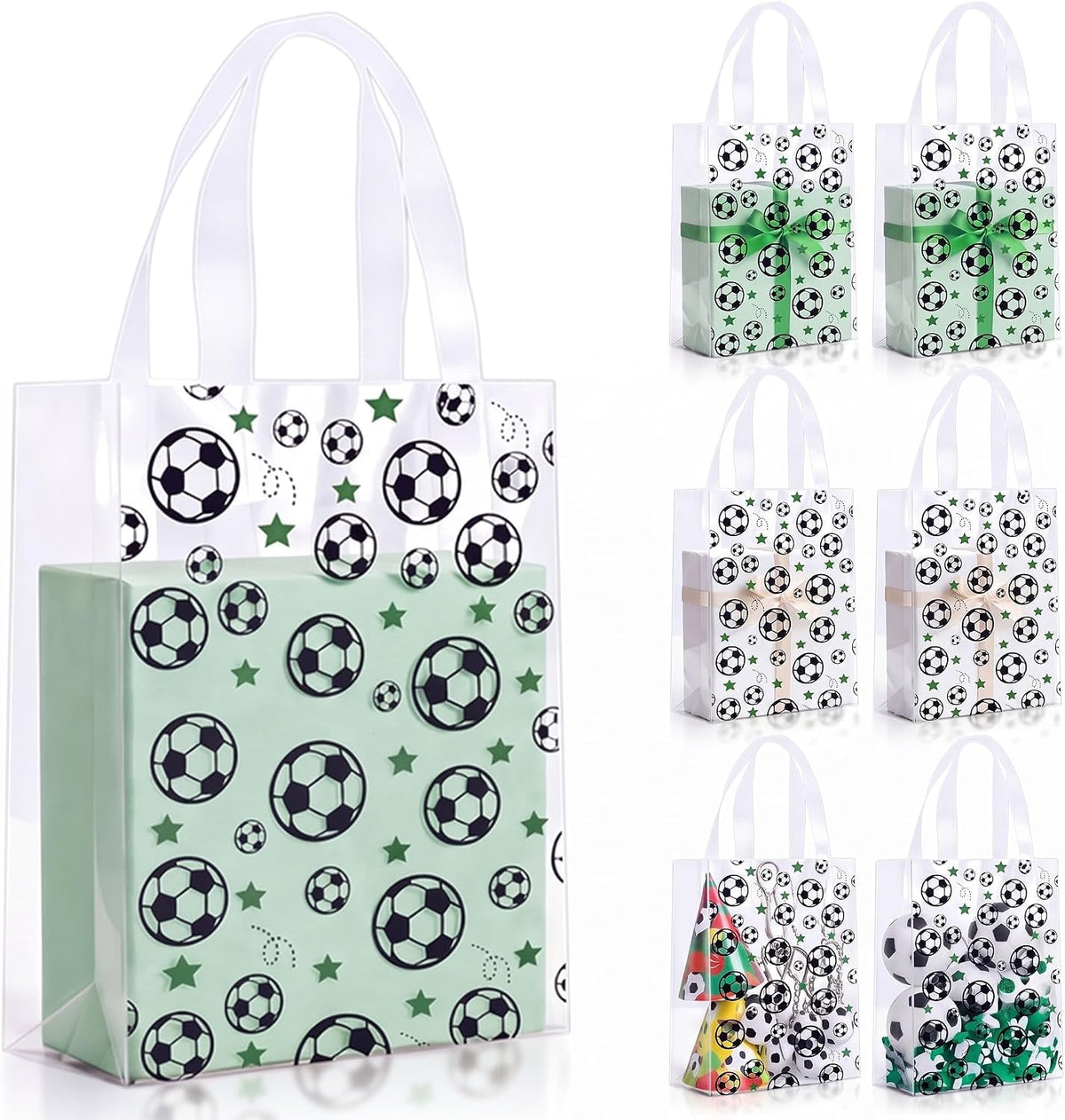 Pajean 12 Pcs Soccer Theme Plastic Gift Bags with Handles, 5.9 x 8.7 x 3.1 Inch Football PE Treat Bags, Black and White Candy Goodie Pouches for Classroom Exchange, Party Favor, Sports Event Supplies