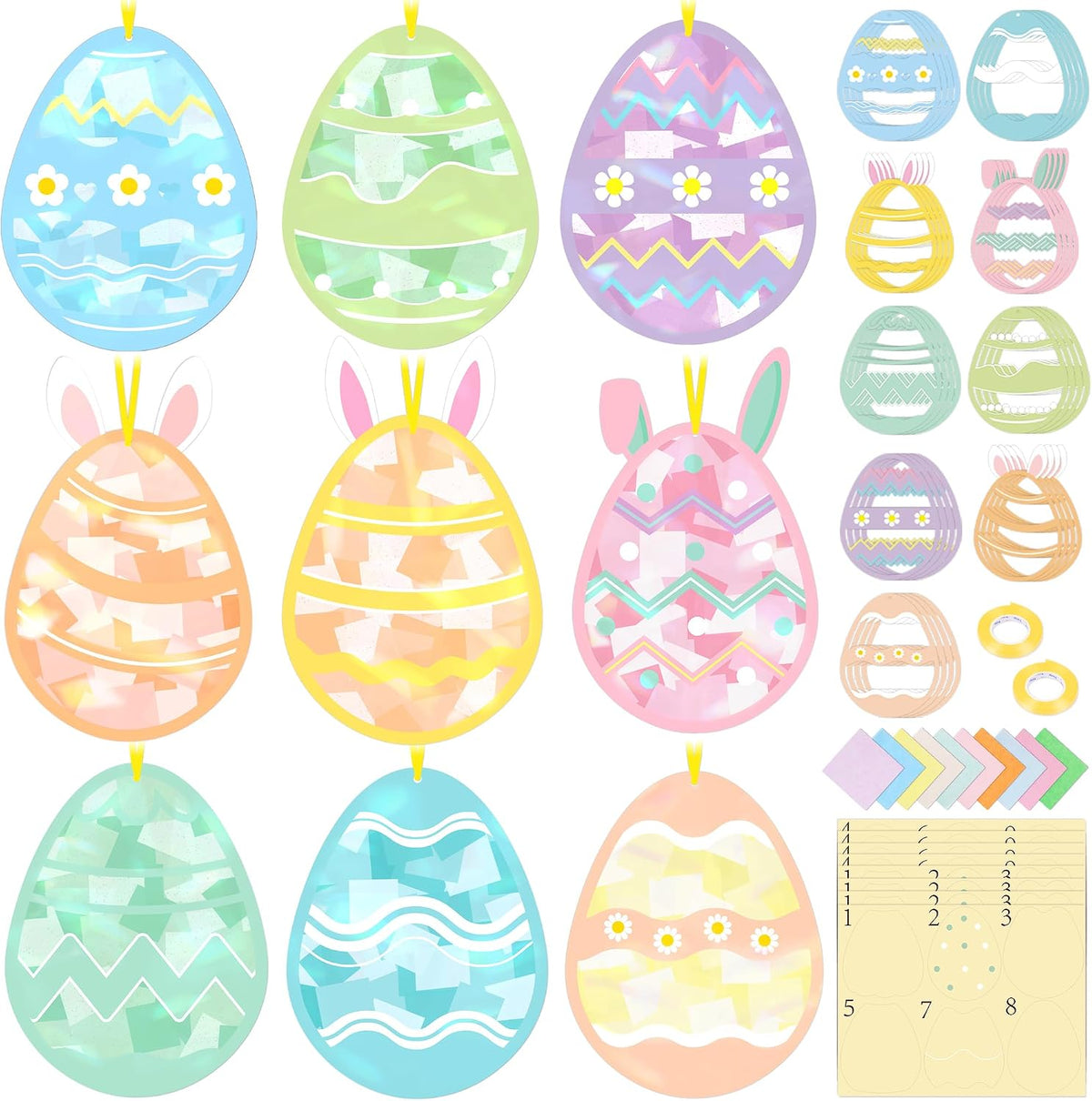 Renbuzhu 48PCS Easter Crafts Bulk: Eggs Paper Suncatchers DIY Kit for Activities Decorations, Window Stained Glass Effect Art Ornaments