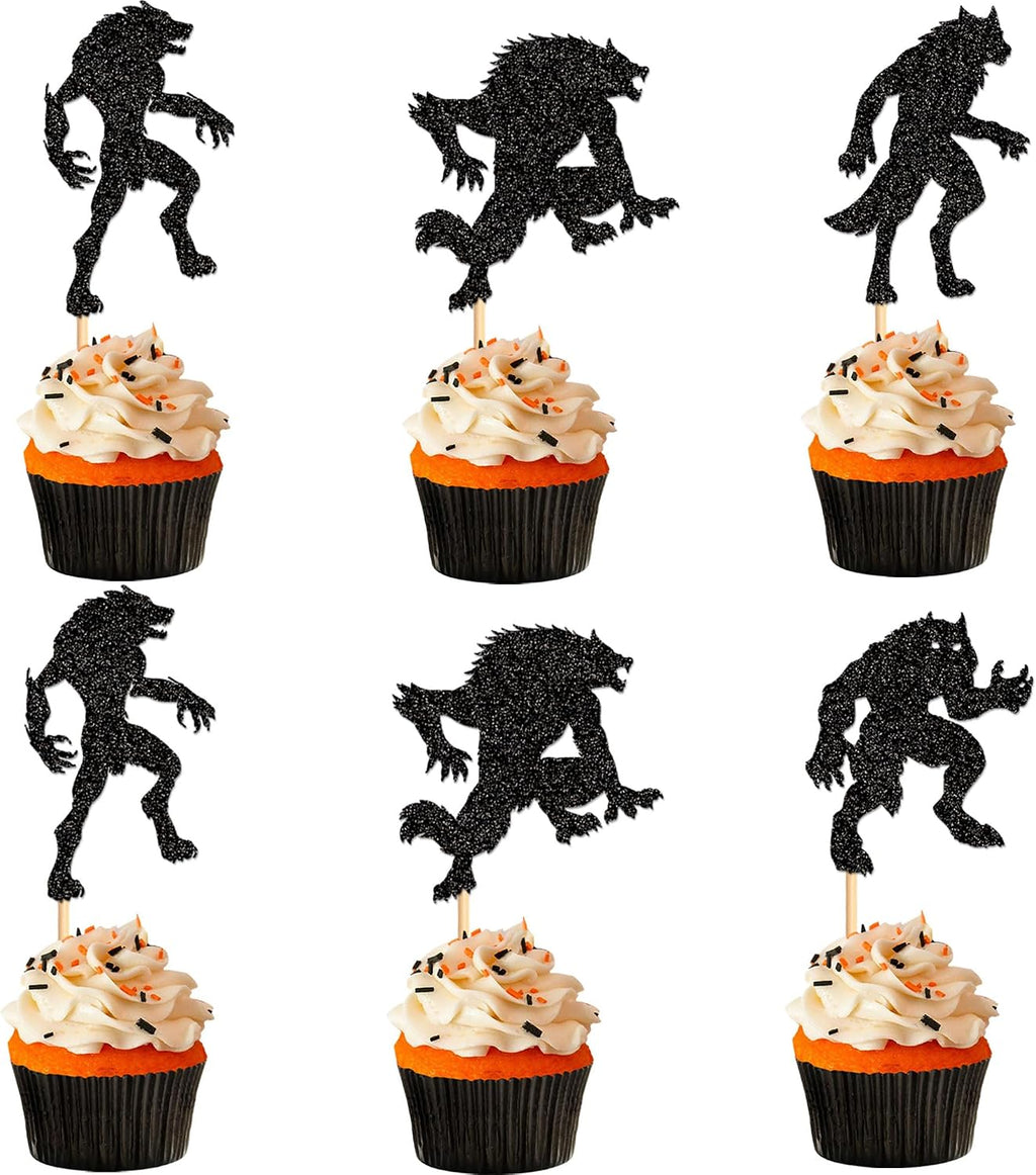 Ercadio 24PCS Werewolf Cupcake Toppers - Black Glitter Halloween Party Decorations for Wolf Birthday Cake Supplies