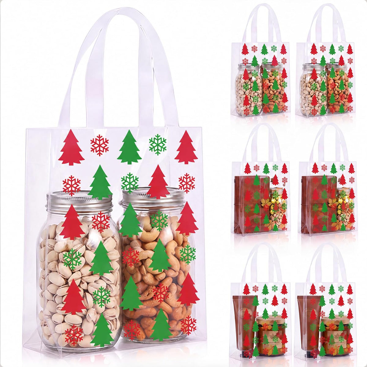 Pajean 25 Pcs Christmas Plastic Gift Bags with Handles, Xmas Tree Pouches