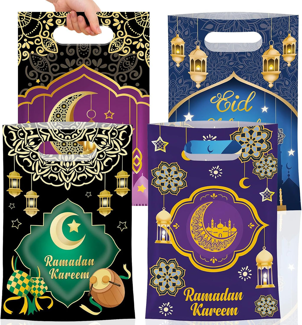 50 Pcs Ramadan Gift Bags with Handles - Eid Mubarak Goodie Bag, Ramadan Kareem Plastic Goody Candy Cookie Snack Treat Party Favor Bags Bulk for Islamic Muslim Eid Mubarak Party Supplies Favors,4 Style