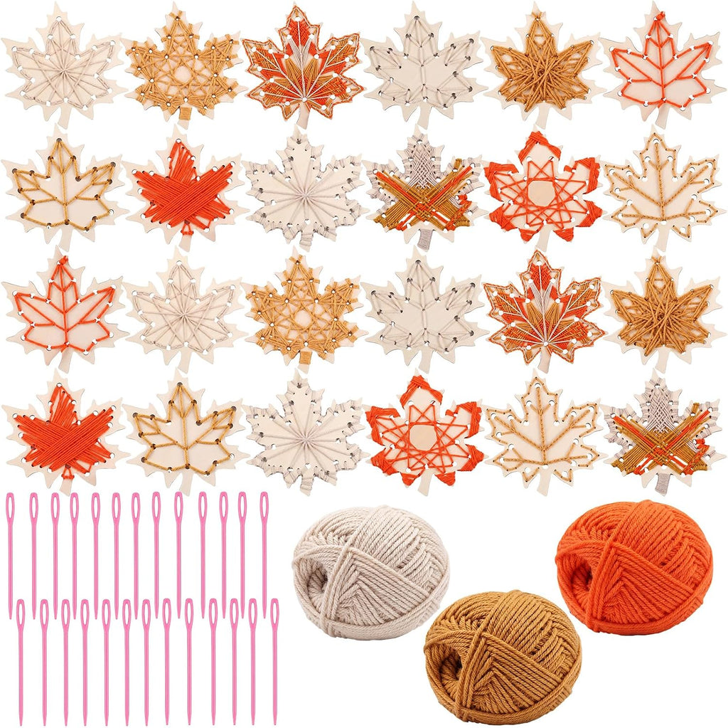 Kathfly 24 Set Fall Wooden Craft Kit Maple Leaf String Craft Ornaments with Yarn and Plastic Weaving Tools DIY Art Hanging Decorations for Classroom Fall Thanksgiving Party Favors Home Activities