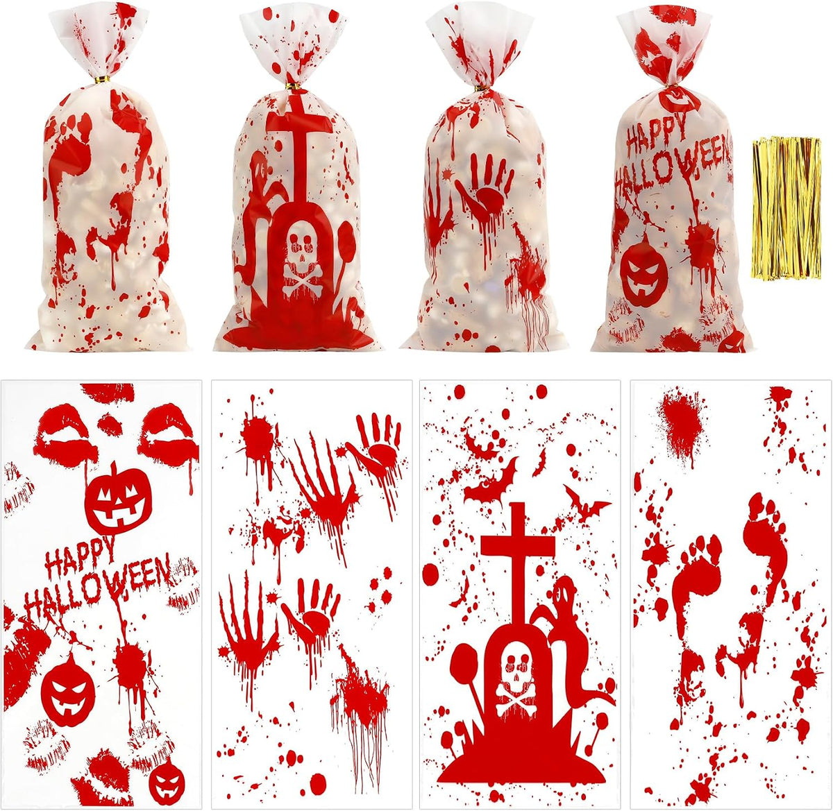 100 PCS Halloween Cellophane Treat Bags(5x11 Inch) with Ties Horror Ghost Blood Theme Trick or Treat Bag Goodie Candy Gifts Bags Pouches for Halloween Wicked Party Favors Supplies Birthday Decorations