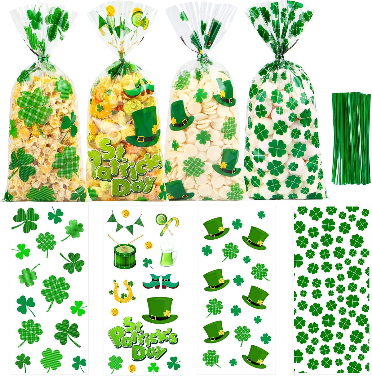 St. Patricks Cellophane Treat Bags – 50 Pack Green Shamrock Goodie Gift Bags with Twist Ties, 5×11 Inch Clear St. Patricks Candy Cookie Bags for St. Patrick Day Irish Party, Classroom, Holiday Favors