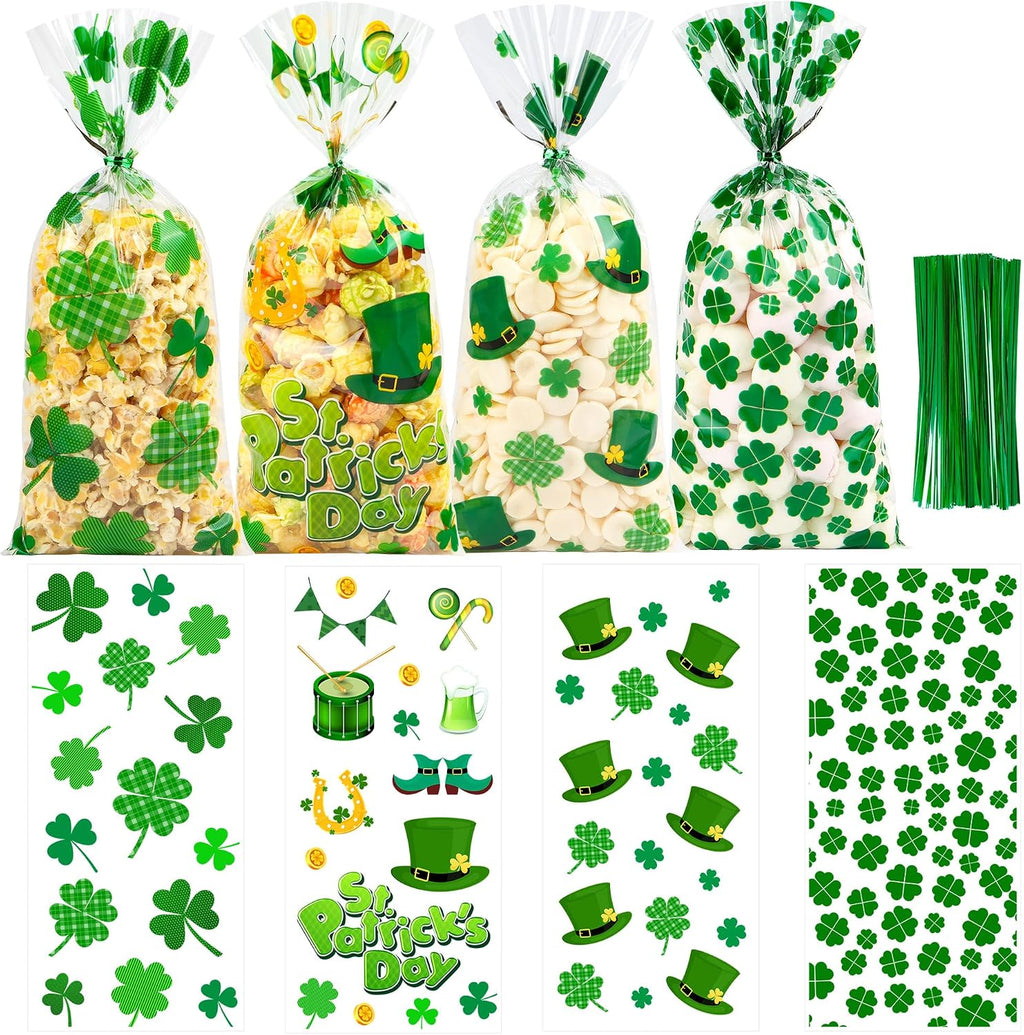 St. Patricks Cellophane Treat Bags – 100 Pack Green Shamrock Goodie Gift Bags with Twist Ties, 5×11 Inch Clear St. Patricks Candy Cookie Bags for St. Patrick Day Irish Party, Classroom, Holiday Favors