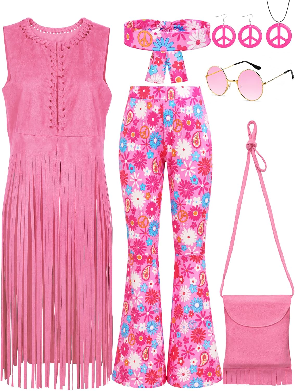 SOMSOC 7 Pieces 60s 70s Women Hippie Costume Fringe Vest Bag Pant Headband for Disco