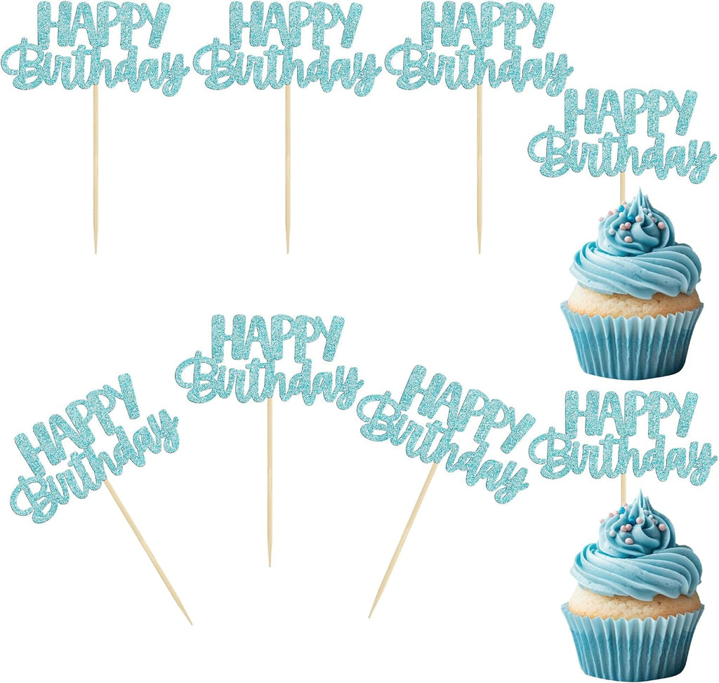 Gyufise 24Pcs Happy Birthday Cupcake Toppers Glitter Birthday Cupcake Food Picks for Celebrating Happy Birthday Party Cake Decorations Supplies Light Blue