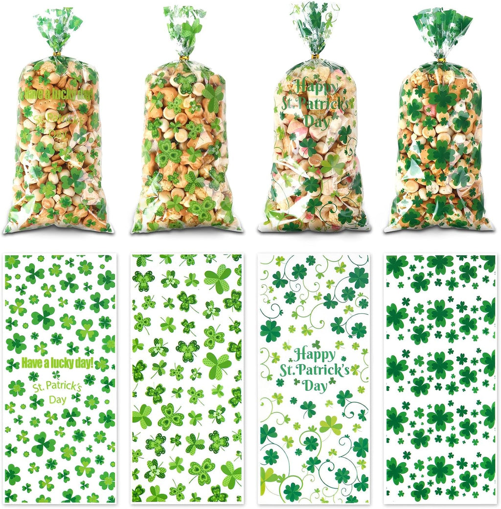 eowqeiur 100 PCS St Patricks Day Treat Bags(5x11 Inch) Green Shanrock Cellophane Bags for Cookie Candy Goodie Goody Snack Gifts Wrap Clover Spring Baggies Pouch St Patricks Party Favors Supplies