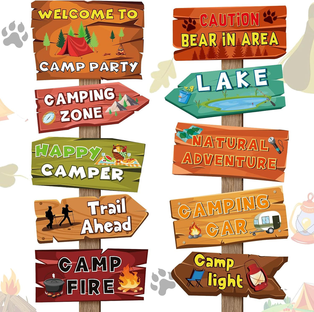 20 Pieces Camping Themed Party Decorations Welcome to Camp Party Directional Signs Summer Camping Party Decoration Supplies for Door Wall Yard Signs Photo Props