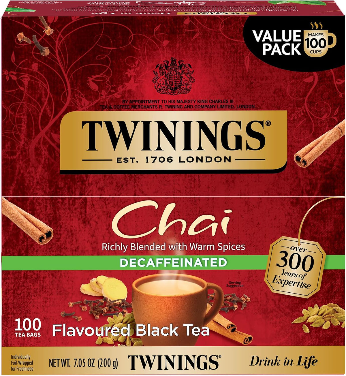 Twinings Decaffeinated Chai Individually Wrapped Bags, 100 Count (Pack of 1), Sweet, Savoury Spices, Enjoy Hot or Iced, 100 Teabags