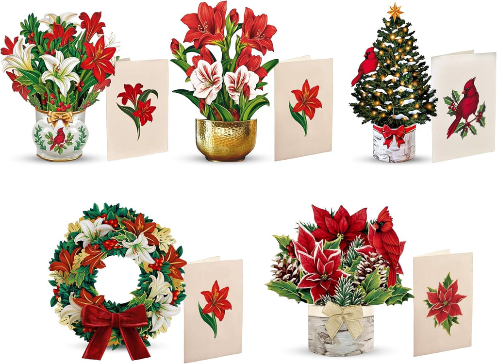Freshcut Paper Pop Up Christmas Cards Boxed Set, Holiday Collection, 6 inch Mini Sized Paper Flower Bouquet 3D Popup Greeting Cards, Holiday Card, Blank Notecards & Envelopes, Pack of 5