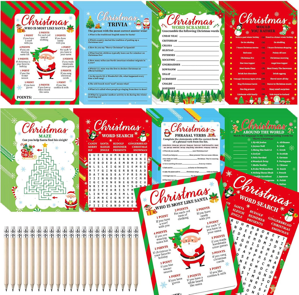 gisgfim 231Pcs Christmas Party Games Cards Xmas Tree Santa Claus Trivia Word Search Scramble Maze Games Winter Christmas Party Supplies for School Classroom Family Activity Holiday Favor