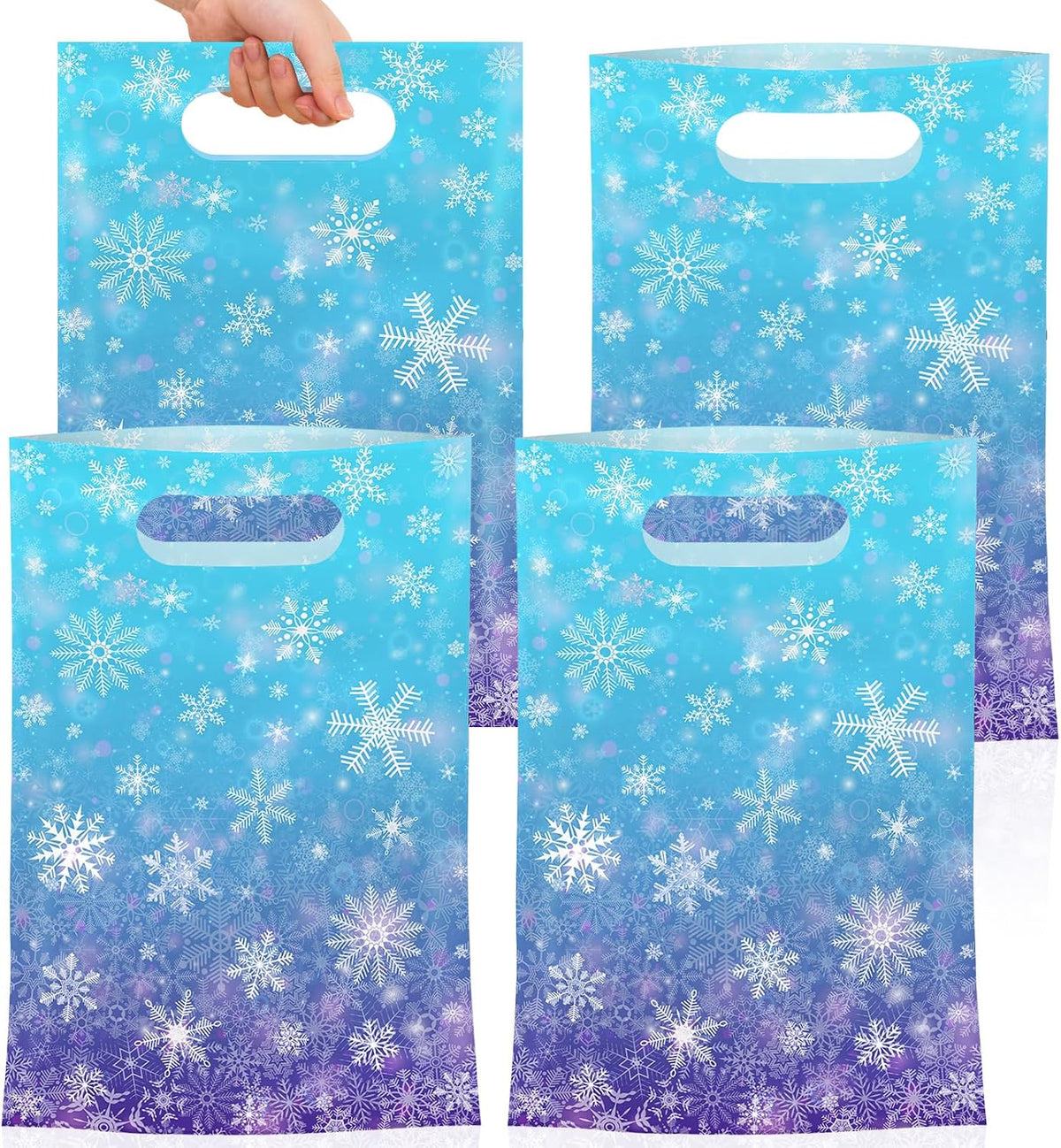 50 Pcs Winter Snowflake Gift Bags, Plastic Frozen Goodie Bags with Handles, Blue and Purple Candy Goodie Party Favor Bag for Winter Wonderland Christmas Birthday Decorations Frozen Party Supplies