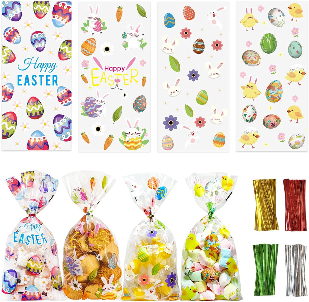 QOIUSO Easter Treat Bags: Clear Easter Cellophane Bags with 60 Twist Ties for Candy Goodie Cookies Sweet and Gifts Packaging - 50pcs Assorted Bunny & Egg Designs Platstic Party Favors Bags
