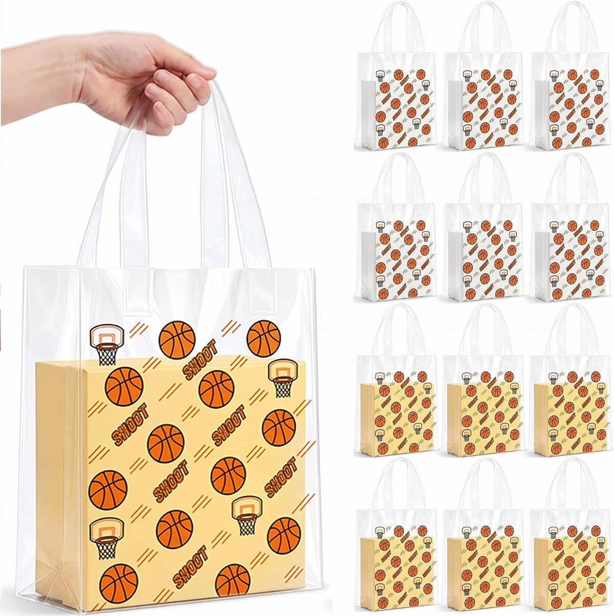 Pajean 24 Pcs Basketball Party Favors Plastic Gift Bags with Handles, 5.9 x 8.7 x 3.1 Inch Basketball Birthday PE Treat Bags, Sport Goody Bag for Classroom Exchange, Sports Event Supplies Decoration