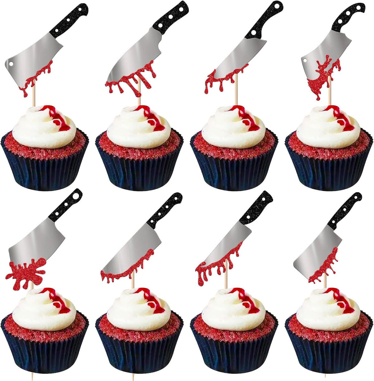 Rsstarxi 24 Pack Halloween Blood Knife Cupcake Toppers Glitter Blood Knife Cupcake Picks Blood Splatter Knife Cake Decorations for Horror Crime Scene Halloween Birthday Party Cake Decorations Supplies